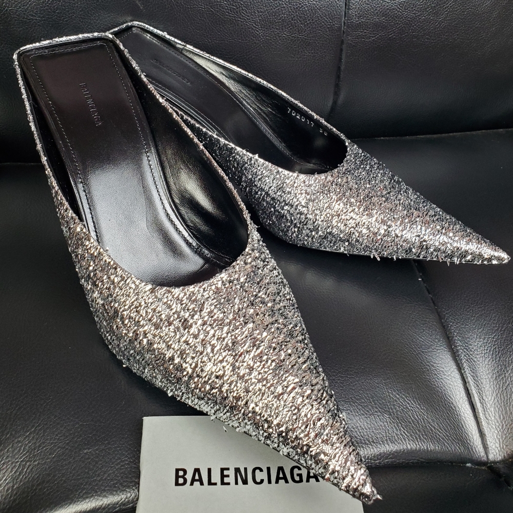 Balenciaga Sq Knife Mule Heels Silzer Sz38 Brand New - Picture 2 of 13